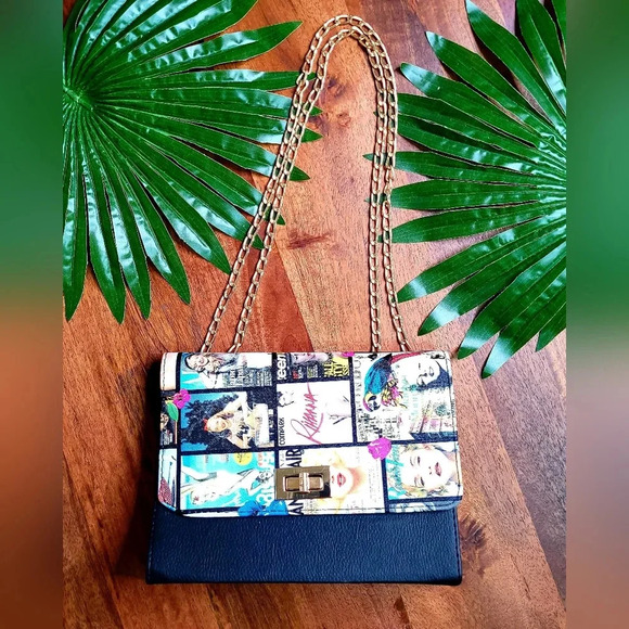 Mariyln Monroe Black Printed Gold Chair Link Shoulder Crossbod Bag Fashion Purse - Picture 1 of 4